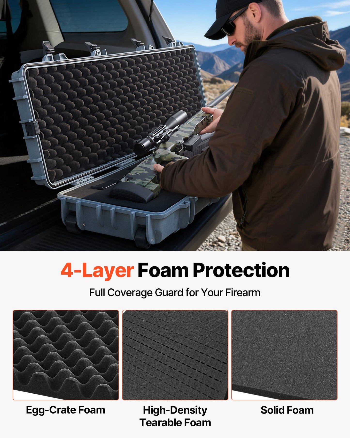 Hard Rifle Case, Lockable Rifle Case with Pre-cut Foams, 50 in Movable Gun Storage with Wheels, IP67 Waterproof & Dustproof Pistol Storage for Rifle, Shotgun, Airsoft Gun, Grey