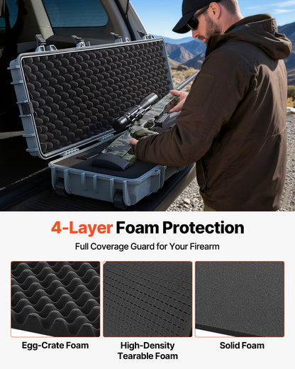 Hard Rifle Case, Lockable Rifle Case with Pre-cut Foams, 50 in Movable Gun Storage with Wheels, IP67 Waterproof & Dustproof Pistol Storage for Rifle, Shotgun, Airsoft Gun, Grey