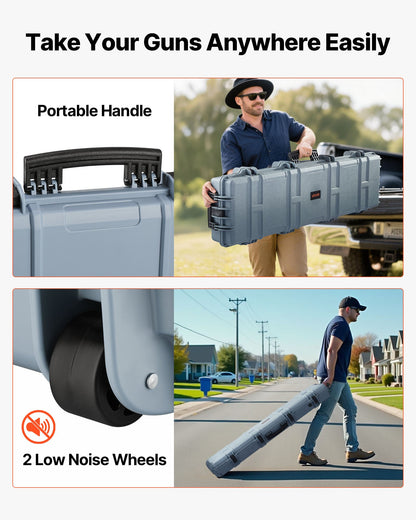 Hard Rifle Case, Lockable Rifle Case with Pre-cut Foams, 50 in Movable Gun Storage with Wheels, IP67 Waterproof & Dustproof Pistol Storage for Rifle, Shotgun, Airsoft Gun, Grey
