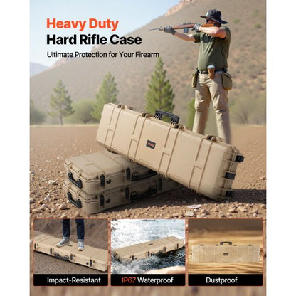 Hård gevärsväska, Låsbar gevärsväska med förskurna skum, 1270 mm Flyttbar vapenförvaring med hjul, IP67 Vattentät och dammtät pistolförvaring för gevär, hagelgevär, airsoftvapen, Khaki |  EU