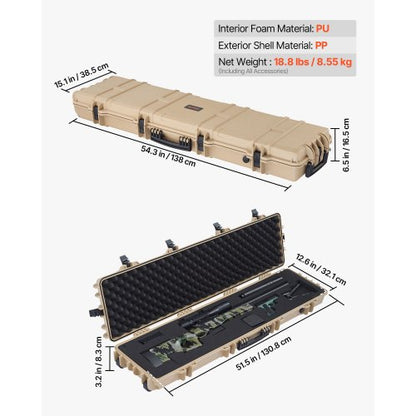 Hård gevärsväska, Låsbar gevärsväska med förskurna skum, 1270 mm Flyttbar vapenförvaring med hjul, IP67 Vattentät och dammtät pistolförvaring för gevär, hagelgevär, airsoftvapen, Khaki |  EU