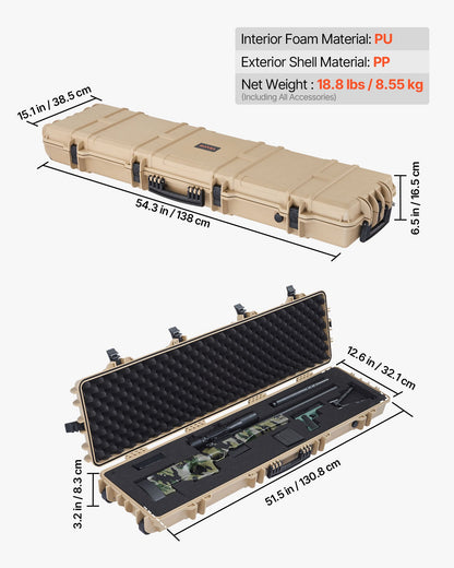 Hard Rifle Case, Lockable Rifle Case with Pre-cut Foams, 50 in Movable Gun Storage with Wheels, IP67 Waterproof & Dustproof Pistol Storage for Rifle, Shotgun, Airsoft Gun, Khaki