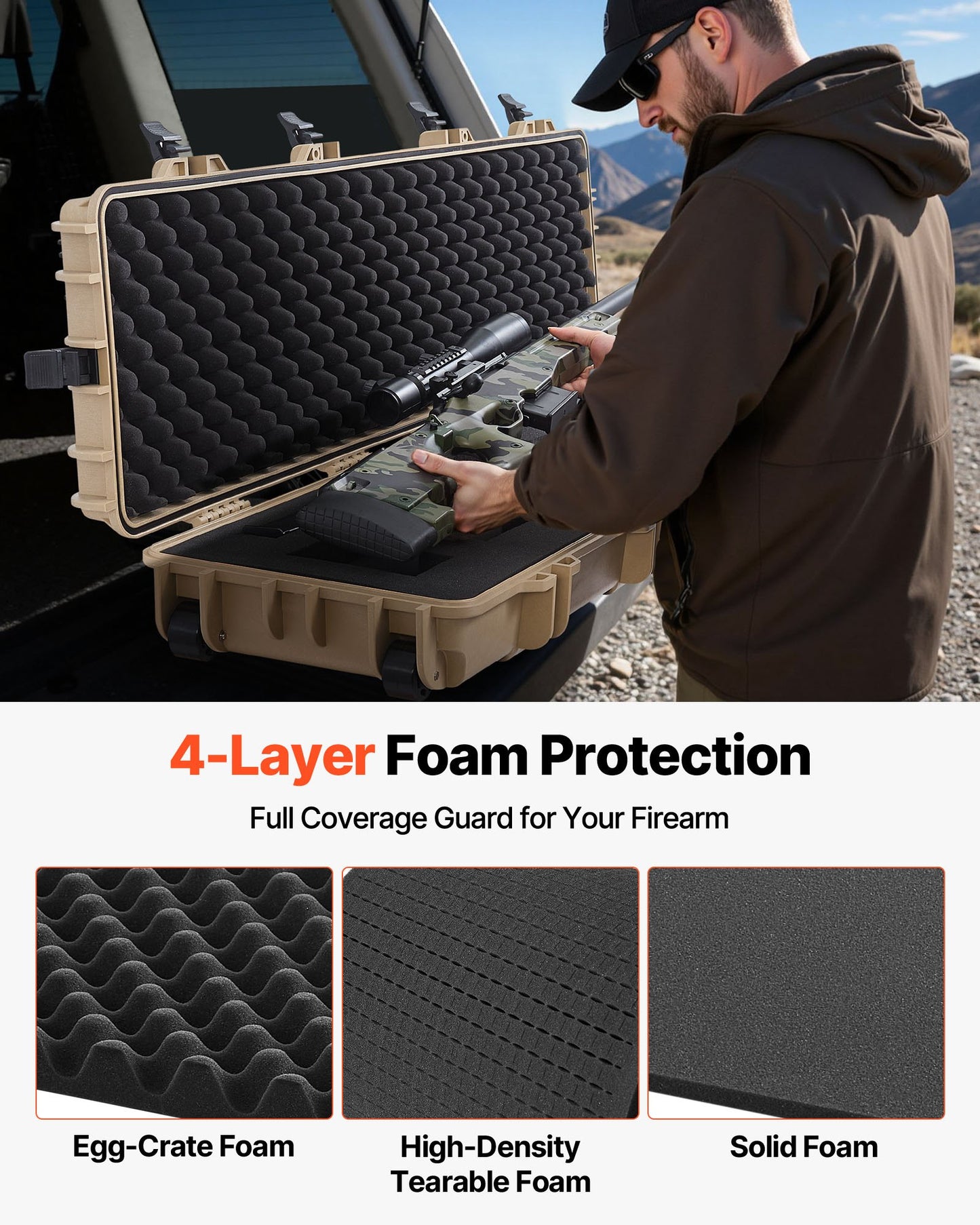 Hard Rifle Case, Lockable Rifle Case with Pre-cut Foams, 50 in Movable Gun Storage with Wheels, IP67 Waterproof & Dustproof Pistol Storage for Rifle, Shotgun, Airsoft Gun, Khaki