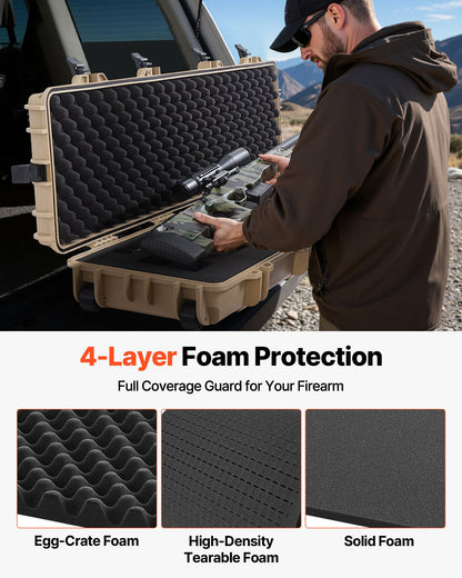 Hard Rifle Case, Lockable Rifle Case with Pre-cut Foams, 50 in Movable Gun Storage with Wheels, IP67 Waterproof & Dustproof Pistol Storage for Rifle, Shotgun, Airsoft Gun, Khaki