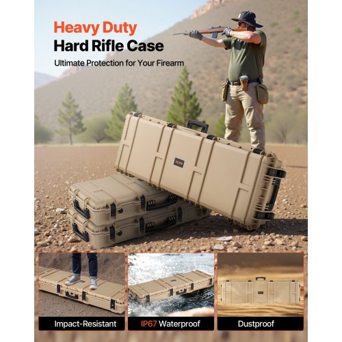 Hård gevärsväska, Låsbar gevärsväska med förskurna skum, 1320 mm vapenförvaring med hjul, Robusta IP67 vattentäta och dammtäta pistolförvaringsväskor för gevär, hagelgevär, airsoftvapen, khaki |  EU