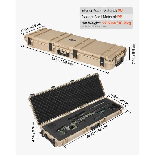Hård gevärsväska, Låsbar gevärsväska med förskurna skum, 1320 mm vapenförvaring med hjul, Robusta IP67 vattentäta och dammtäta pistolförvaringsväskor för gevär, hagelgevär, airsoftvapen, khaki |  EU