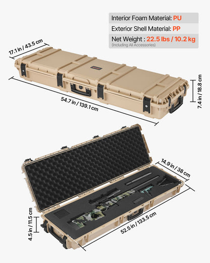 Hard Rifle Case, Lockable Rifle Case with Pre-cut Foams, 52 in Gun Storage with Wheels, Heavy Duty IP67 Waterproof & Dustproof Pistol Storage Cases for Rifles, Shotguns, Airsoft Guns, Khaki