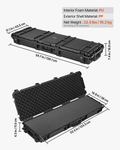 Hard Rifle Case, Lockable Rifle Case with Pre-cut Foams, 52 in Gun Storage with Wheels, Heavy Duty IP67 Waterproof & Dustproof Pistol Storage Cases for Rifles, Shotguns, Airsoft Guns, Black