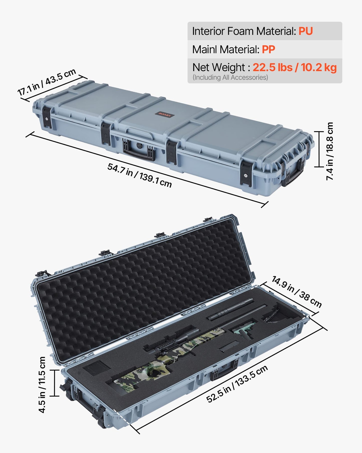 Hard Rifle Case, Lockable Rifle Case with Pre-cut Foams, 52 in Gun Storage with Wheels, Heavy Duty IP67 Waterproof & Dustproof Pistol Storage Cases for Rifles, Shotguns, Airsoft Guns, Grey