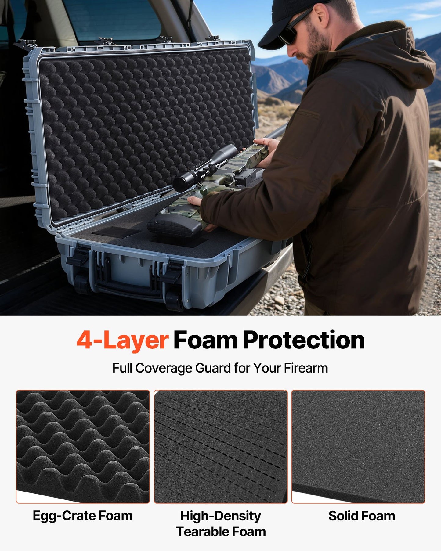 Hard Rifle Case, Lockable Rifle Case with Pre-cut Foams, 52 in Gun Storage with Wheels, Heavy Duty IP67 Waterproof & Dustproof Pistol Storage Cases for Rifles, Shotguns, Airsoft Guns, Grey
