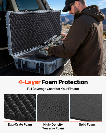 Hard Rifle Case, Lockable Rifle Case with Pre-cut Foams, 52 in Gun Storage with Wheels, Heavy Duty IP67 Waterproof & Dustproof Pistol Storage Cases for Rifles, Shotguns, Airsoft Guns, Grey