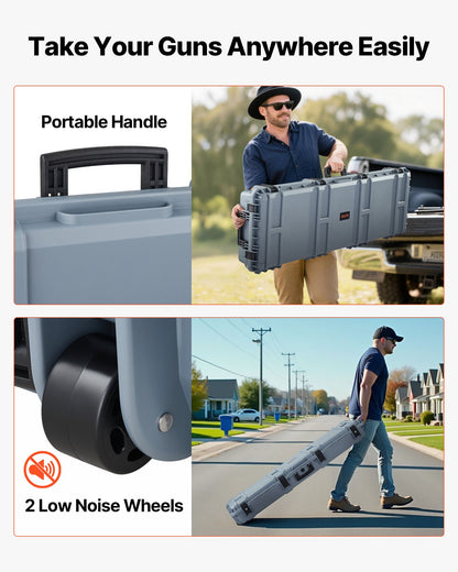 Hard Rifle Case, Lockable Rifle Case with Pre-cut Foams, 52 in Gun Storage with Wheels, Heavy Duty IP67 Waterproof & Dustproof Pistol Storage Cases for Rifles, Shotguns, Airsoft Guns, Grey