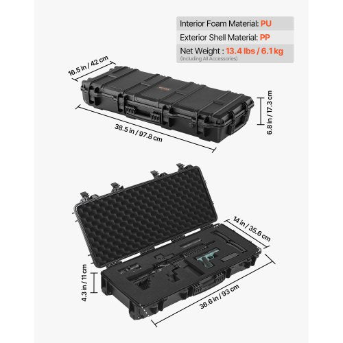 Hård gevärsväska, låsbar gevärsväska med 4 lager förskurna skum, 914 mm vapenförvaring med hjul, IP67 vattentäta och dammtäta pistolförvaringsväskor för gevär, hagelgevär, airsoftvapen, svart |  EU