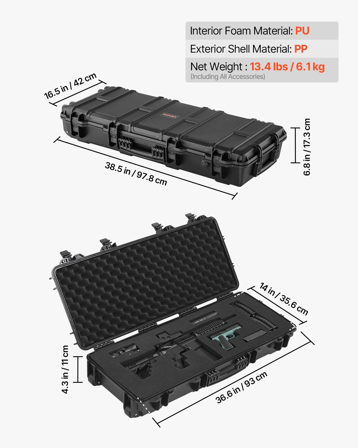Hard Rifle Case, Lockable Rifle Case with 4 Layers Pre-cut Foams, 36 in Gun Storage with Wheels, IP67 Waterproof & Dustproof Pistol Storage Cases for Rifles, Shotguns, Airsoft Guns, Black
