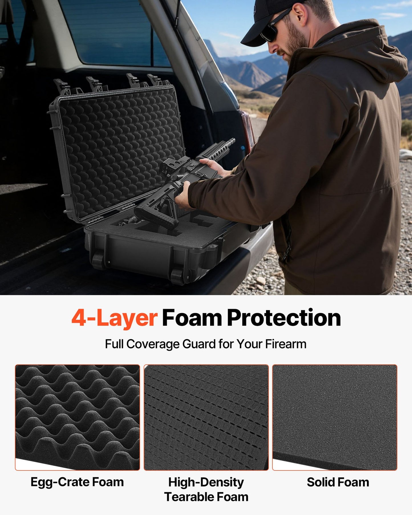 Hard Rifle Case, Lockable Rifle Case with 4 Layers Pre-cut Foams, 36 in Gun Storage with Wheels, IP67 Waterproof & Dustproof Pistol Storage Cases for Rifles, Shotguns, Airsoft Guns, Black