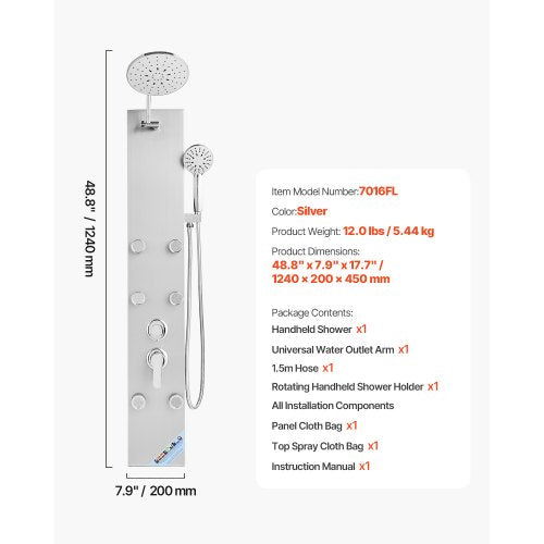Shower Panel Tower System Stainless Steel Column Rain Head Massage Jet