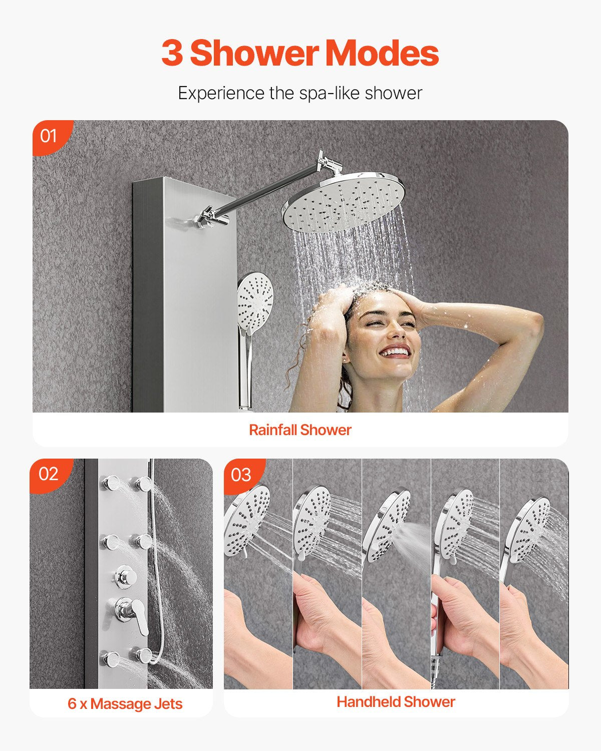 Shower Panel Tower System with Rainfall Shower Head, 49 in Brushed Stainless Steel Shower Column, 3-Function Faucet, High Pressure Wall-Mount Rain Massage System with 6 Body Jets and Handheld