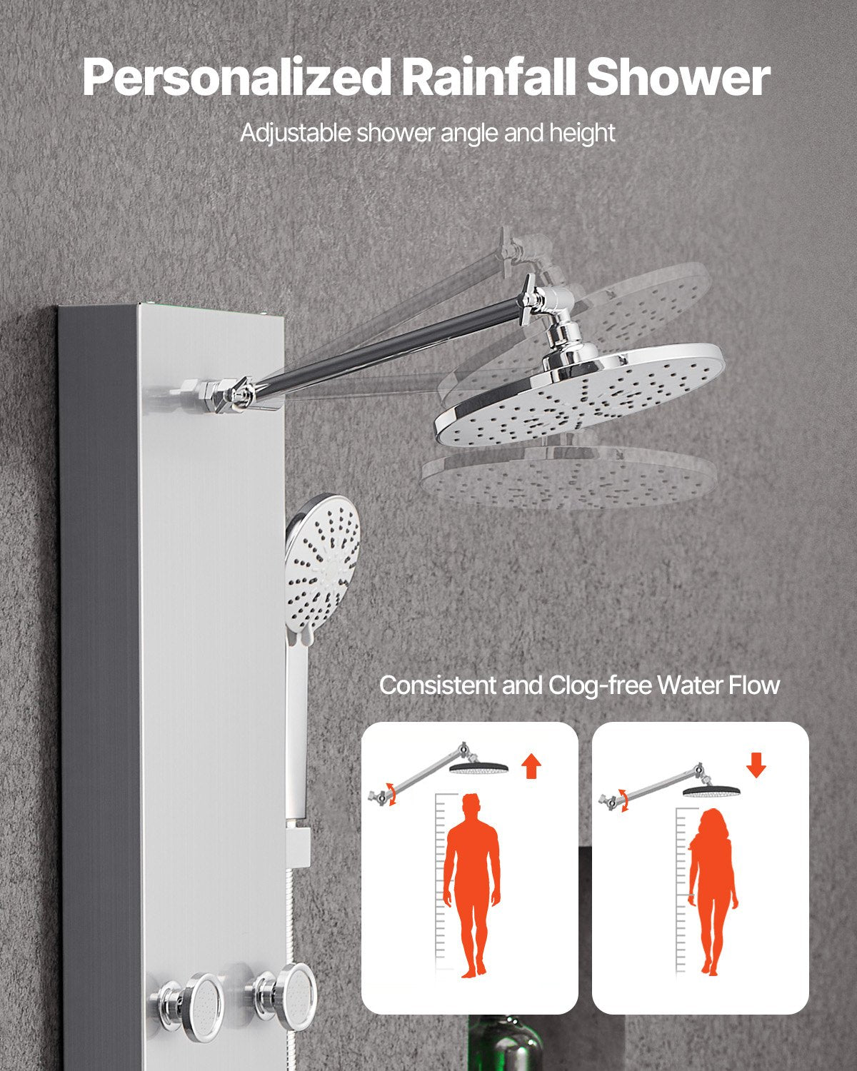 Shower Panel Tower System with Rainfall Shower Head, 49 in Brushed Stainless Steel Shower Column, 3-Function Faucet, High Pressure Wall-Mount Rain Massage System with 6 Body Jets and Handheld