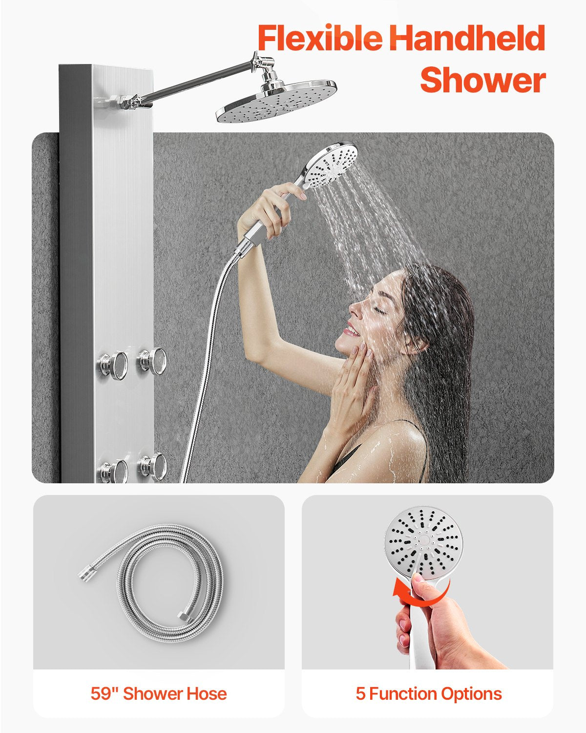 Shower Panel Tower System with Rainfall Shower Head, 49 in Brushed Stainless Steel Shower Column, 3-Function Faucet, High Pressure Wall-Mount Rain Massage System with 6 Body Jets and Handheld
