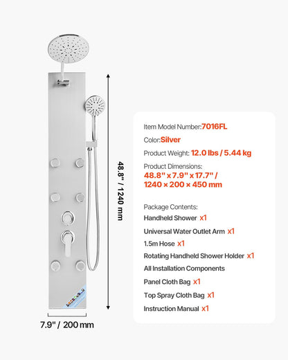 Shower Panel Tower System with Rainfall Shower Head, 49 in Brushed Stainless Steel Shower Column, 3-Function Faucet, High Pressure Wall-Mount Rain Massage System with 6 Body Jets and Handheld