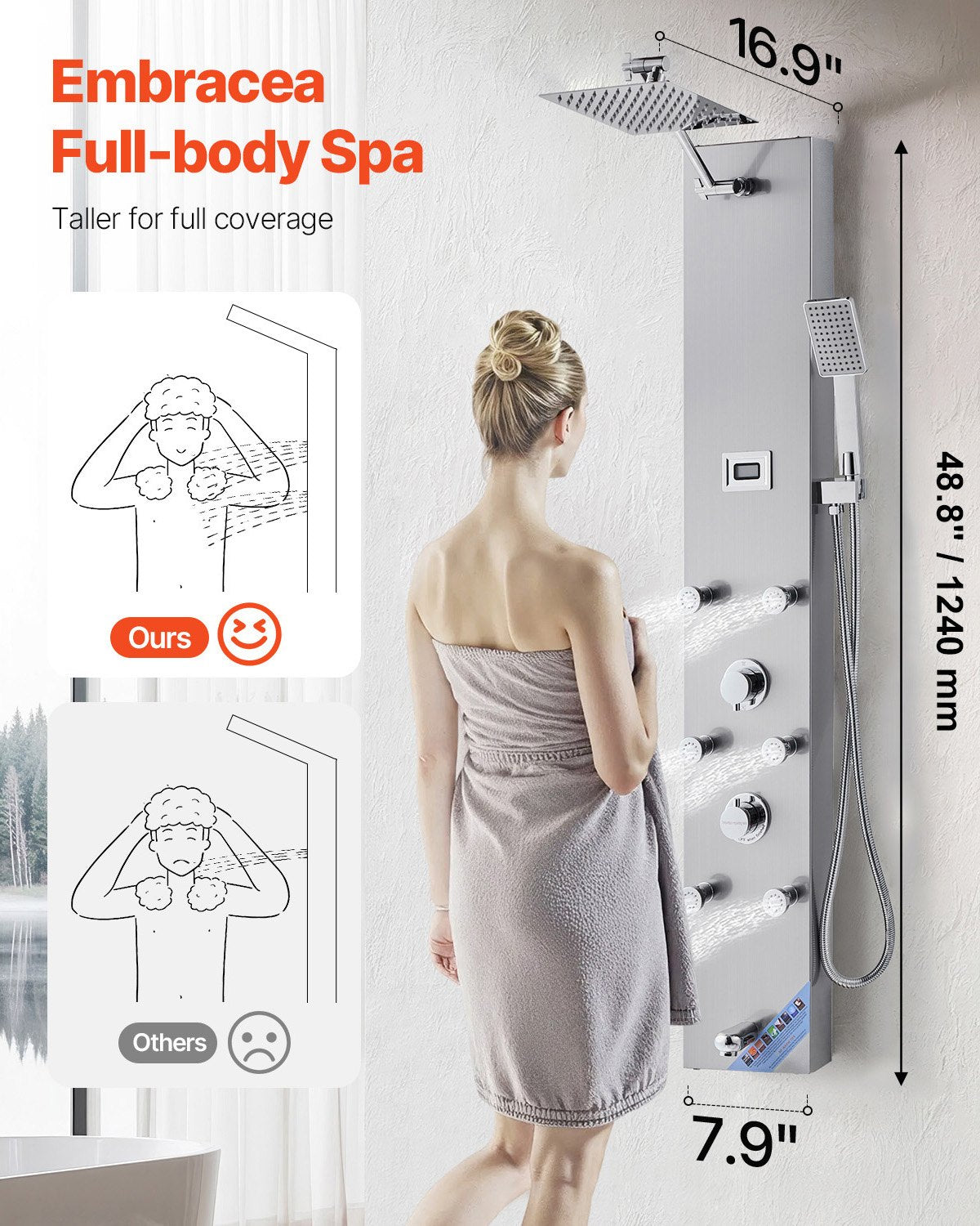 Shower Panel Tower System with Rainfall Shower Head, LED, 49 in Brushed Stainless Steel Shower Column, 4-Function Faucet, Wall-Mount Rain Massage System with 6 Body Jets, Handheld, and Tub Spout