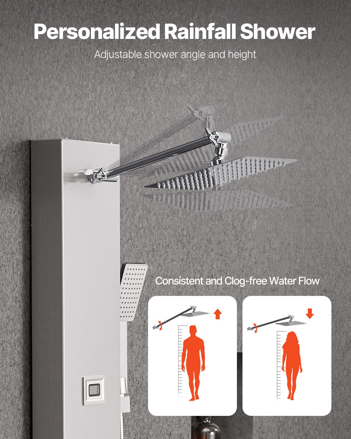 Shower Panel Tower System with Rainfall Shower Head, LED, 49 in Brushed Stainless Steel Shower Column, 4-Function Faucet, Wall-Mount Rain Massage System with 6 Body Jets, Handheld, and Tub Spout