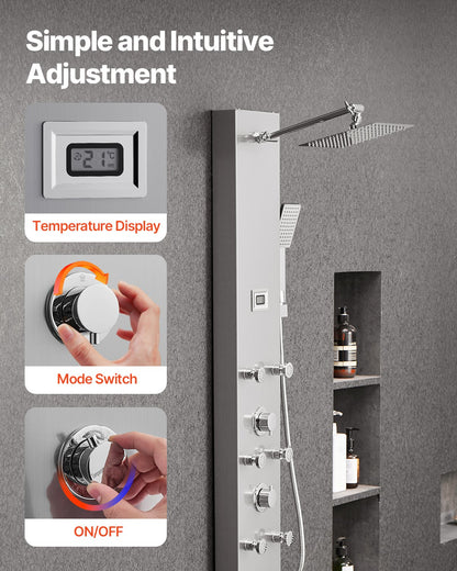 Shower Panel Tower System with Rainfall Shower Head, LED, 49 in Brushed Stainless Steel Shower Column, 4-Function Faucet, Wall-Mount Rain Massage System with 6 Body Jets, Handheld, and Tub Spout