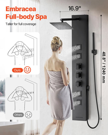 Shower Panel Tower System with Rainfall Shower Head, 49 in Brushed Stainless Steel Shower Column, 4-Function Faucet, Wall-Mount Rain Massage System, with 4 Body Jets, Handheld, and Tub Spout