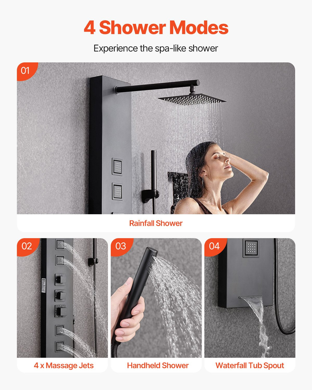 Shower Panel Tower System with Rainfall Shower Head, 49 in Brushed Stainless Steel Shower Column, 4-Function Faucet, Wall-Mount Rain Massage System, with 4 Body Jets, Handheld, and Tub Spout