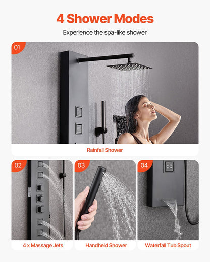 Shower Panel Tower System with Rainfall Shower Head, 49 in Brushed Stainless Steel Shower Column, 4-Function Faucet, Wall-Mount Rain Massage System, with 4 Body Jets, Handheld, and Tub Spout