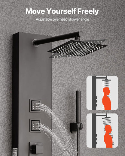 Shower Panel Tower System with Rainfall Shower Head, 49 in Brushed Stainless Steel Shower Column, 4-Function Faucet, Wall-Mount Rain Massage System, with 4 Body Jets, Handheld, and Tub Spout