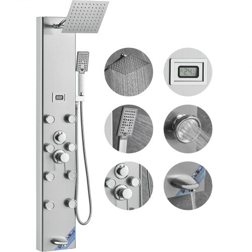 Shower Panel System, 5 Shower Modes, Digital Display Shower Panel Tower, Rainfall, 8 Massage Jets, Tub Spout, 3-Setting Handheld Shower Head 59" Hose, Stainless Steel Wall-Mounted Shower Set