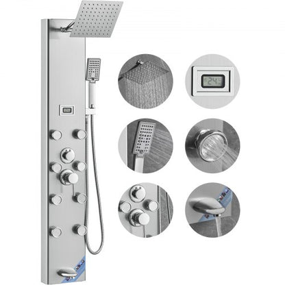 Shower Panel System, 5 Shower Modes, Digital Display Shower Panel Tower, Rainfall, 8 Massage Jets, Tub Spout, 3-Setting Handheld Shower Head 59" Hose, Stainless Steel Wall-Mounted Shower Set