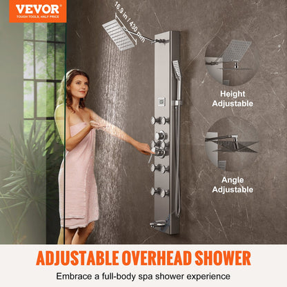 Shower Panel System, 5 Shower Modes, Digital Display Shower Panel Tower, Rainfall, 8 Massage Jets, Tub Spout, 3-Setting Handheld Shower Head 59" Hose, Stainless Steel Wall-Mounted Shower Set