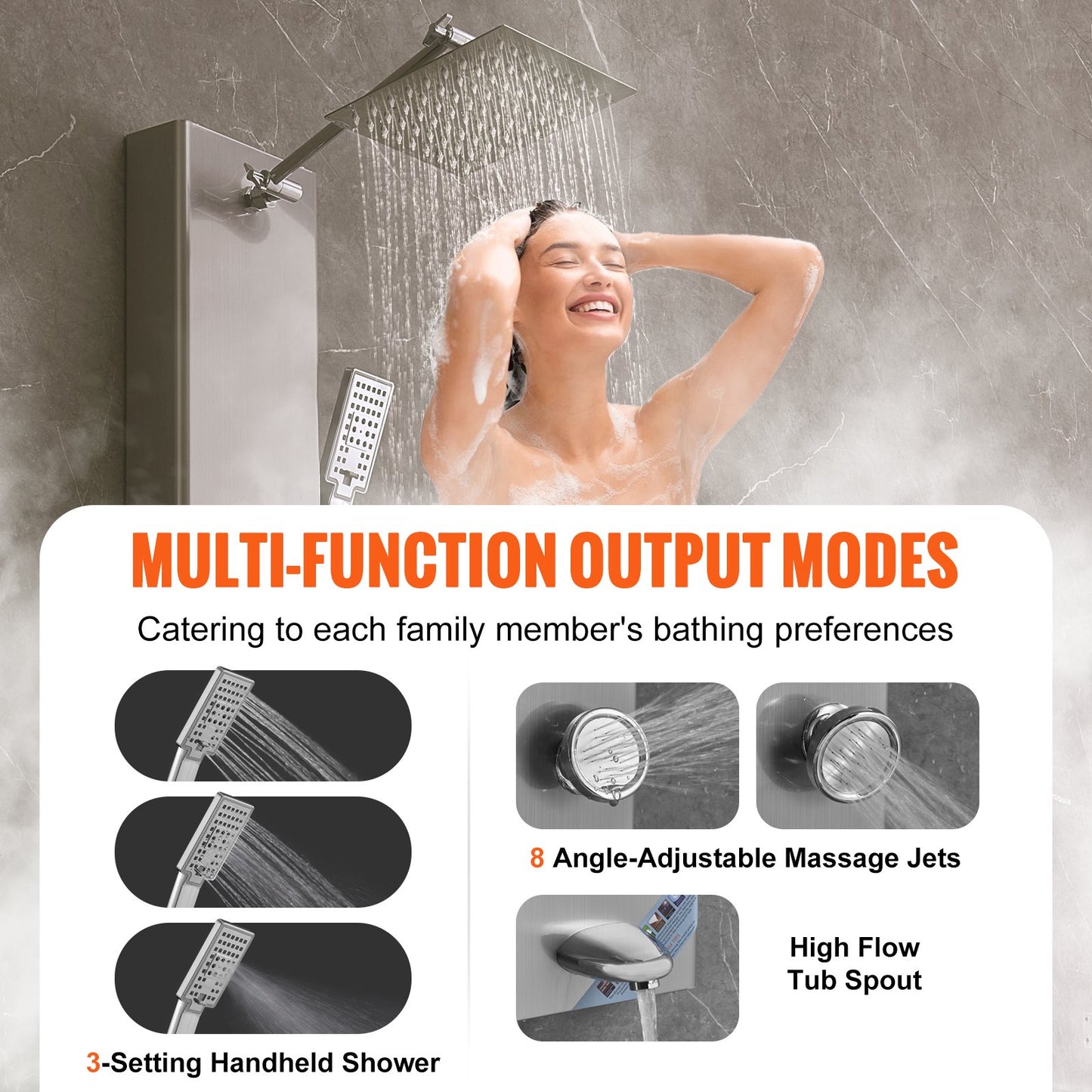 Shower Panel System, 5 Shower Modes, Digital Display Shower Panel Tower, Rainfall, 8 Massage Jets, Tub Spout, 3-Setting Handheld Shower Head 59" Hose, Stainless Steel Wall-Mounted Shower Set