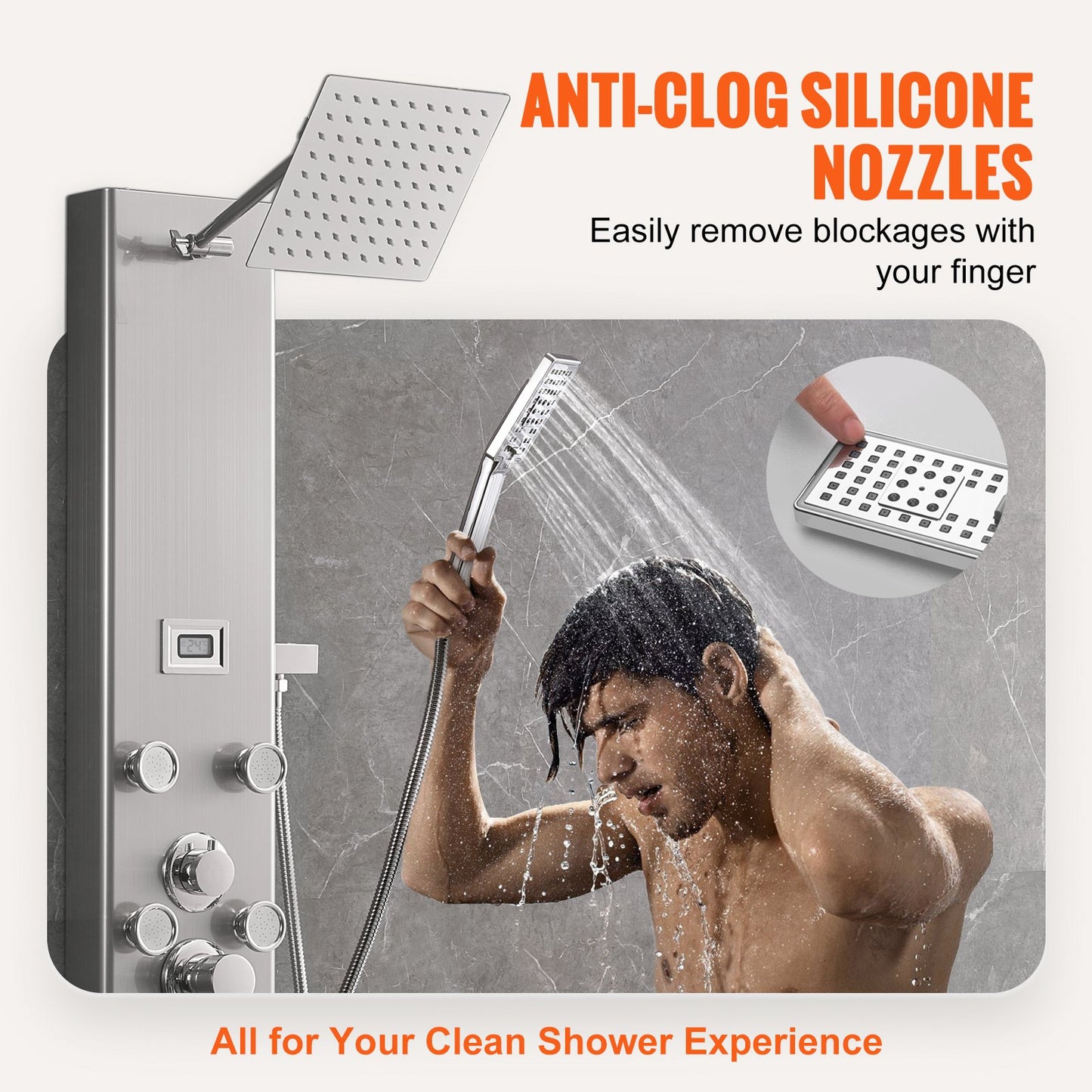 Shower Panel System, 5 Shower Modes, Digital Display Shower Panel Tower, Rainfall, 8 Massage Jets, Tub Spout, 3-Setting Handheld Shower Head 59" Hose, Stainless Steel Wall-Mounted Shower Set