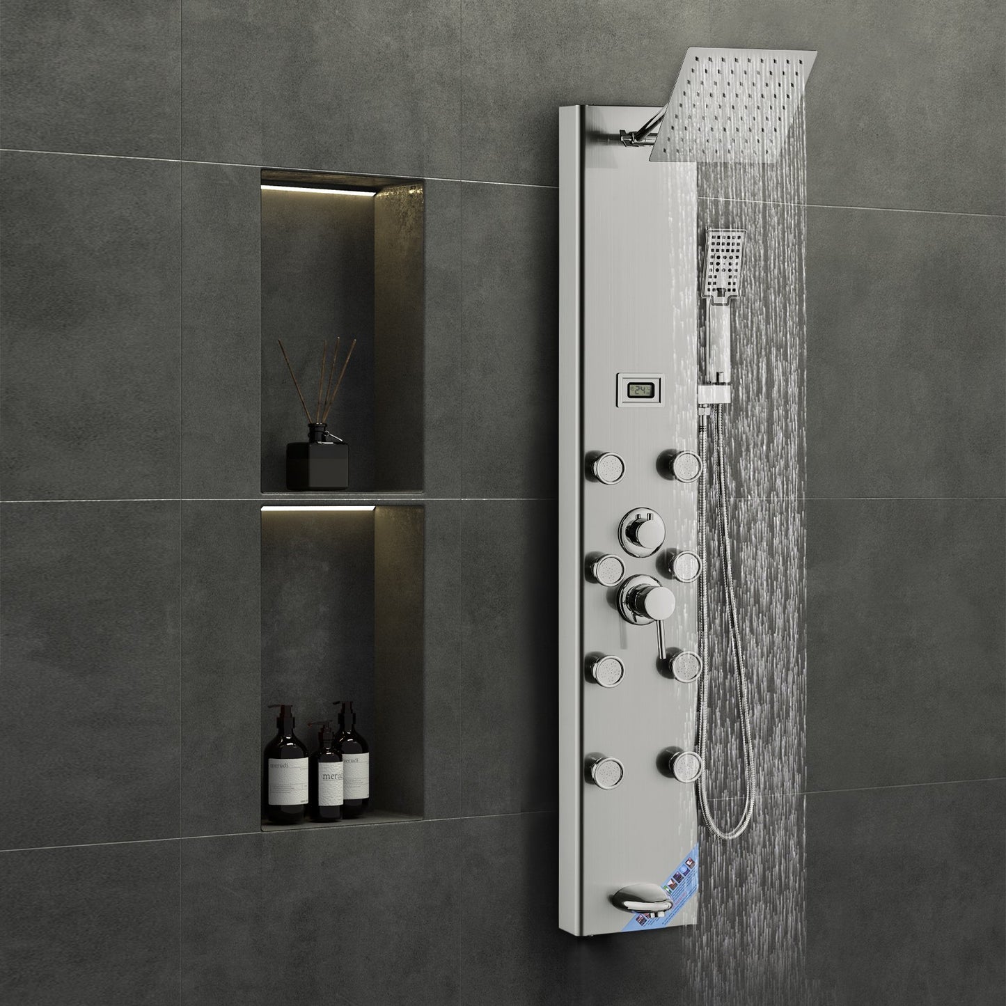 Shower Panel System, 5 Shower Modes, Digital Display Shower Panel Tower, Rainfall, 8 Massage Jets, Tub Spout, 3-Setting Handheld Shower Head 59" Hose, Stainless Steel Wall-Mounted Shower Set