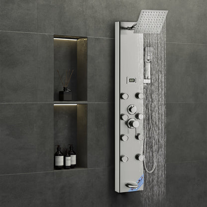 Shower Panel System, 5 Shower Modes, Digital Display Shower Panel Tower, Rainfall, 8 Massage Jets, Tub Spout, 3-Setting Handheld Shower Head 59" Hose, Stainless Steel Wall-Mounted Shower Set