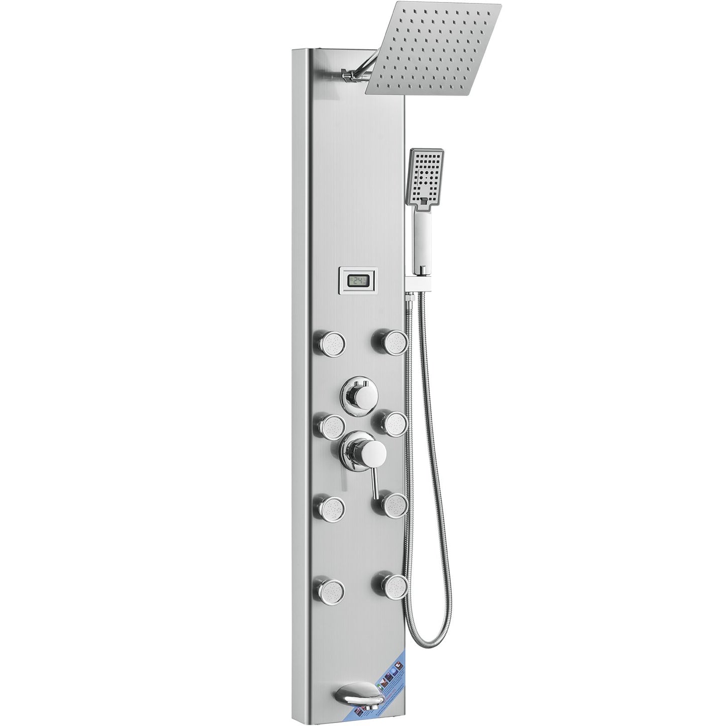 Shower Panel System, 5 Shower Modes, Digital Display Shower Panel Tower, Rainfall, 8 Massage Jets, Tub Spout, 3-Setting Handheld Shower Head 59" Hose, Stainless Steel Wall-Mounted Shower Set