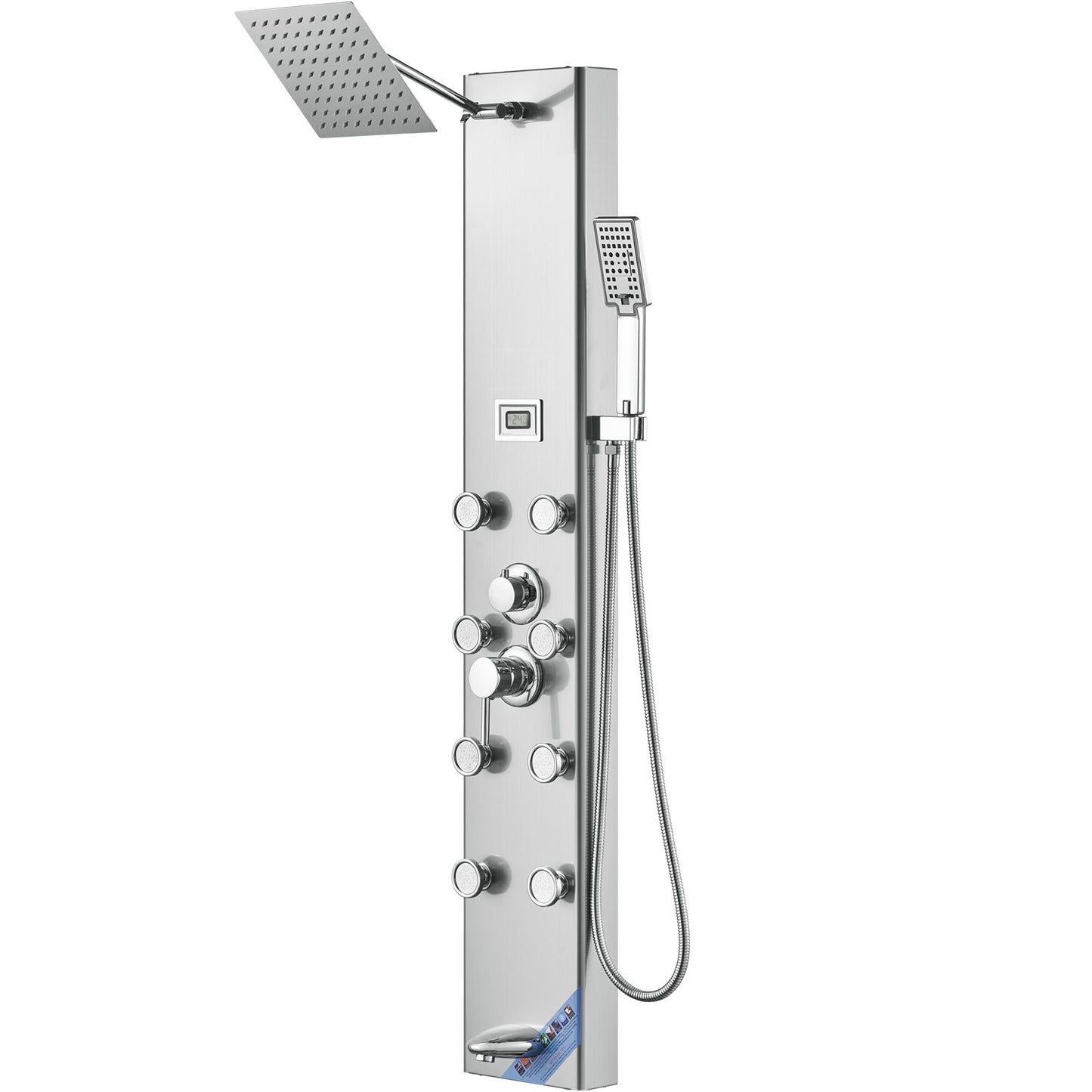Shower Panel System, 5 Shower Modes, Digital Display Shower Panel Tower, Rainfall, 8 Massage Jets, Tub Spout, 3-Setting Handheld Shower Head 59" Hose, Stainless Steel Wall-Mounted Shower Set