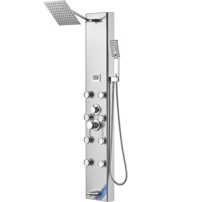 Shower Panel System, 5 Shower Modes, Digital Display Shower Panel Tower, Rainfall, 8 Massage Jets, Tub Spout, 3-Setting Handheld Shower Head 59" Hose, Stainless Steel Wall-Mounted Shower Set