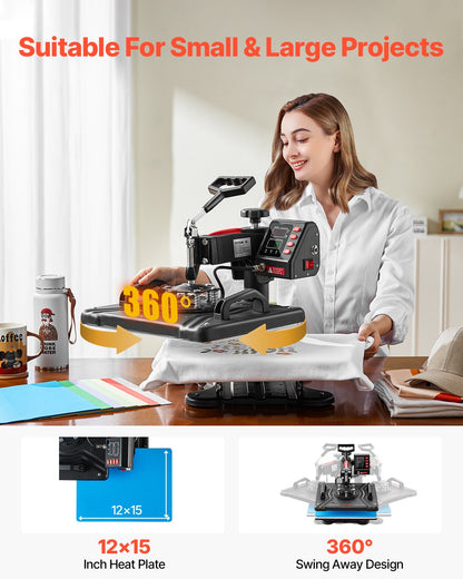 Heat Press, 5 in 1 Heat Press 12x15 Machine Machine, Digital Precise Temperature Control, Clamshell Sublimation Transfer Printer Fast Heat-up, Vinyl Heat Press for Mug Cup T-Shirt Plate, 900W