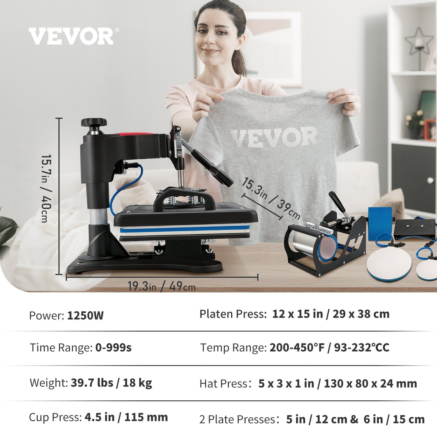 Heat Press, 5 in 1 Heat Press Machine Machine 12x15, Clamshell Sublimation Transfer Printer Fast Heating, Digital Precise Temperature Control, Vinyl Heat Press for T-shirt Plate Mug Cup, 1250W