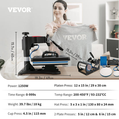 Heat Press, 5 in 1 Heat Press Machine Machine 12x15, Clamshell Sublimation Transfer Printer Fast Heating, Digital Precise Temperature Control, Vinyl Heat Press for T-shirt Plate Mug Cup, 1250W