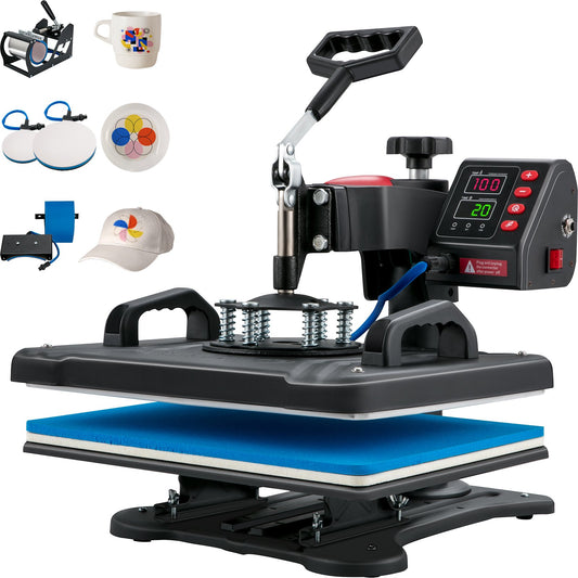 Heat Press, 5 i 1 Heat Press Machine Machine 12x15, Clamshell Sublimation Transfer Printer Snabb uppvärmning, Digital exakt temperaturkontroll, Vinyl Heat Press för T-shirt tallrik Mugg Cup, 1250W