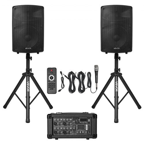 Professional PA System, 800W Powered, Sound System Set with 6 Channel Mixer, Dual Speakers, Wireless Bluetooth, Microphone, Compact Stands, USB SD XLR Inputs, Remote Control, for DJs Events