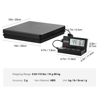Digital Shipping Scale, 110 lbs x 0.07 oz. Heavy Duty Postal Scale with Timer, Tare, Hold Function, 90° Foldable LCD Screen Package Scale for Laggage, Home, Post Office, AC/DC Powered, FCC Liste