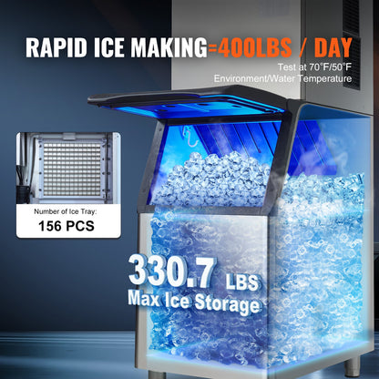 Commercial Ice Maker, 400LBS/24H Ice Making Machine with 330.7LBS Large Storage Bin, 800W Auto Self-Cleaning Ice Maker Machine with 3.5-inch LED Screen for Business Bar