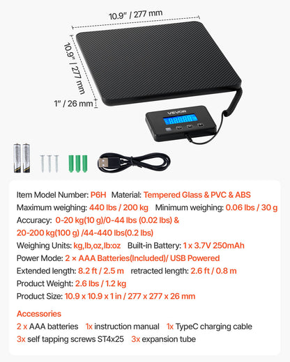 Digital Postal Scale, 0.35 oz/3.5 oz Dual Accuracy, 440 lbs Commercial Weight Scale with Hold/Tare Function & LCD Display, Fit for Packages, Postage, Luggage, Battery & Charging Cable Included