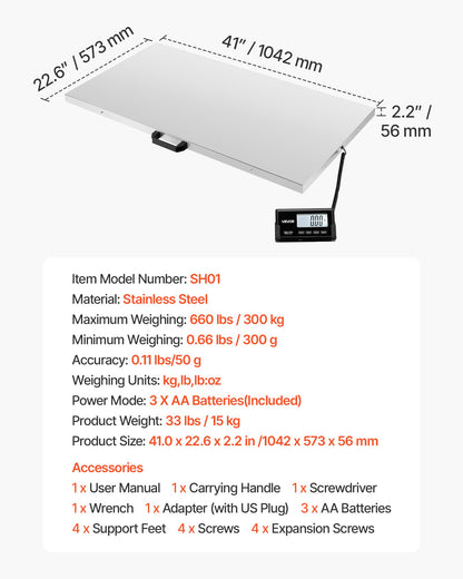 Digital Shipping Scale, 0.1 lbs High Accuracy, 660 lbs Postal Scale with LCD Display, Hold/Tare Function & AC/DC Power Supply, Fit for Packages, Postage, Luggage, Battery & Adapter Included